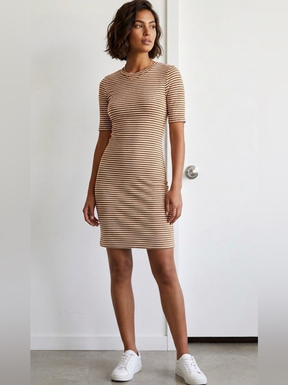 Vici Striped Short-Sleeve Knit Dress in Beige and White